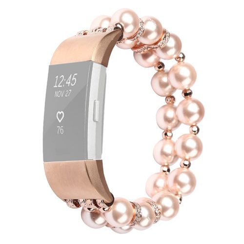 For Fitbit Charge 2 Two Rows Fashionable Pearl Bracelet Wrist Strap Replacement Watch Band - Rose Gold