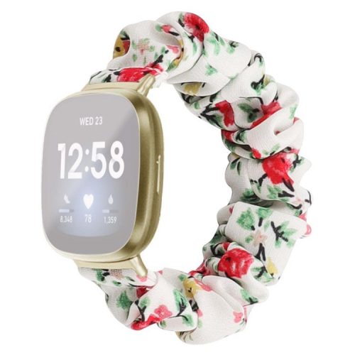 For Fitbit Versa/Versa 2/Versa Lite Elastic Watch Strap Hair Band Printed Fabric 22mm Watch Band Replacement Part - White/Red Flower