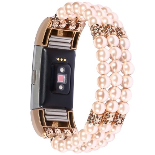 For Fitbit Charge 3/4 Three Rows Stylish Pearl Bracelet Wrist Strap Replacement Watch Band - Rose Gold