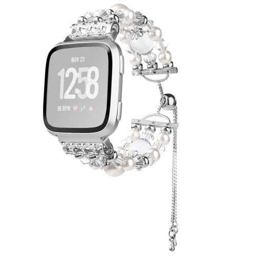 For Fitbit Versa/Versa 2/Versa Lite Fashion Agate Crystal Beads Slide Bracelet Watch Band Replacement for Women - White