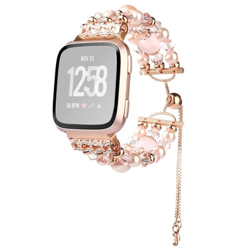 For Fitbit Versa/Versa 2/Versa Lite Fashion Agate Crystal Beads Slide Bracelet Watch Band Replacement for Women - Rose Gold