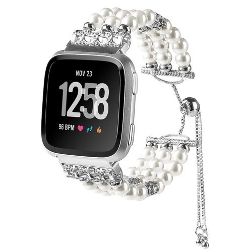 For Fitbit Versa/Versa 2/Versa Lite Elegant Women Faux Pearl Watch Band Slide Bracelet Wrist Strap - White