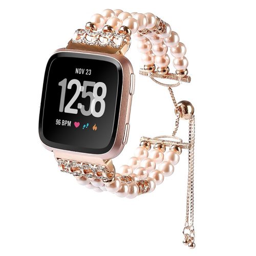 For Fitbit Versa/Versa 2/Versa Lite Elegant Women Faux Pearl Watch Band Slide Bracelet Wrist Strap - Rose Gold