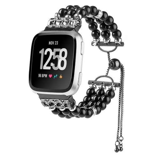 For Fitbit Versa/Versa 2/Versa Lite Elegant Women Faux Pearl Watch Band Slide Bracelet Wrist Strap - Black