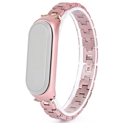 Stainless Steel Chain Watch Strap for Xiaomi Mi Band 5/6 Smart Watch Metal Watchband with Rhinestone Decor - Rose Gold