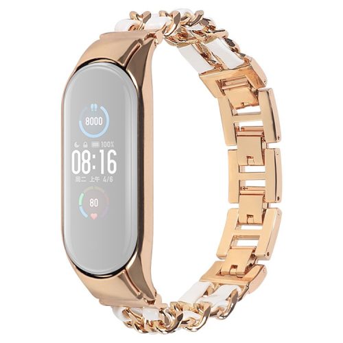 For Xiaomi Mi Band 3/4 Smart Watch Stainless Steel Chain Watch Strap Metal Watchband - Rose Gold/White