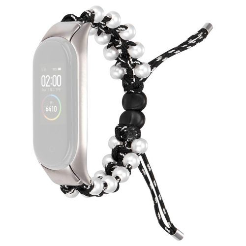 For Xiaomi Mi Band 3/4 Watch Band Stylish Beads Decorated Wrist Strap Drawstring Design Adjustable Nylon Rope Watchband - Black/White