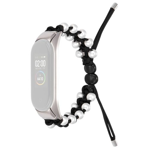 For Xiaomi Mi Band 3/4 Watch Band Stylish Beads Decorated Wrist Strap Drawstring Design Adjustable Nylon Rope Watchband - Black