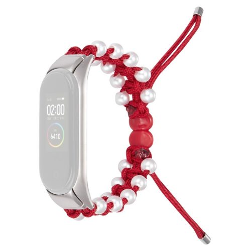 For Xiaomi Mi Band 3/4 Watch Band Stylish Beads Decorated Wrist Strap Drawstring Design Adjustable Nylon Rope Watchband - Red