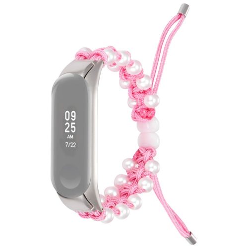 For Xiaomi Mi Band 5/6 Stylish Beads Decor Replacement Wrist Band Drawstring Design Adjustable Nylon Rope Watch Strap - Pink