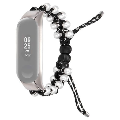 For Xiaomi Mi Band 5/6 Stylish Beads Decor Replacement Wrist Band Drawstring Design Adjustable Nylon Rope Watch Strap - Black/White