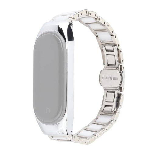 For Xiaomi Mi Band 5/Mi Band 6 Ceramics+Stainless Steel Watch Strap Replacement Watch Band - Three Beads White