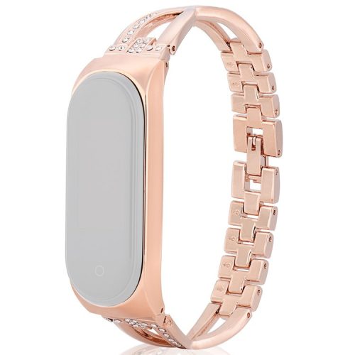 For Xiaomi Mi Band 3/4 Smart Watch X Design Stainless Steel Watch Strap with Rhinestone Decor - Rose Gold