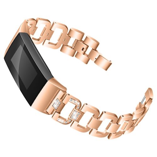 For Fitbit Charge 3/Charge SE/Charge 4 Watch Strap 18mm Metal Watch Band Rhinestone Decorated Watchband for Women Girls - Rose Gold