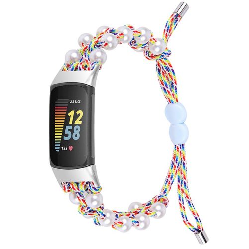 For Fitbit Charge 6 / 5 Easy Adjustment Stylish Watch Band Pearl+Nylon Woven Replacement Wrist Strap - Multi-color