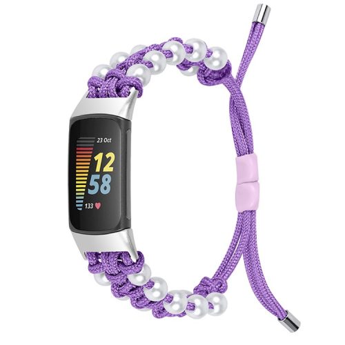 For Fitbit Charge 6 / 5 Easy Adjustment Stylish Watch Band Pearl+Nylon Woven Replacement Wrist Strap - Purple