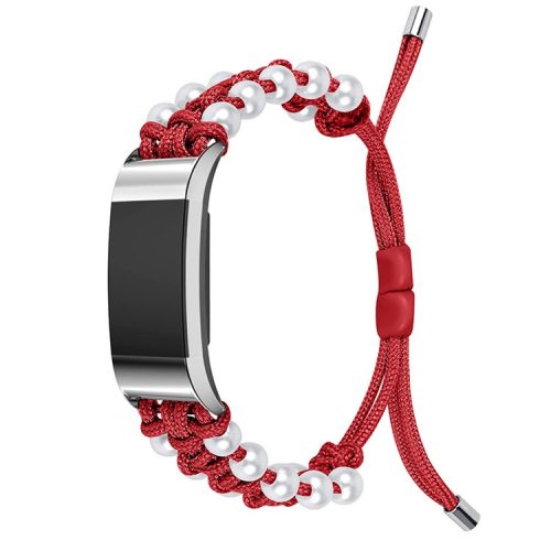 For Fitbit Charge 2/Charge 2 HR Pearl+Nylon Woven Adjustable Watch Band Replacement Wrist Strap - Red