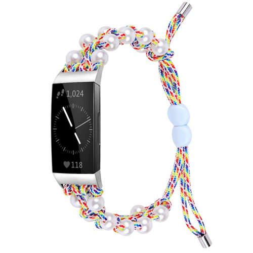 For Fitbit Charge 3/Charge 3 SE/Charge 4 Stylish Watch Band Pearl+Nylon Woven Replacement Wrist Strap - Multi-color