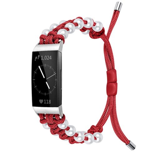 For Fitbit Charge 3/Charge 3 SE/Charge 4 Stylish Watch Band Pearl+Nylon Woven Replacement Wrist Strap - Red