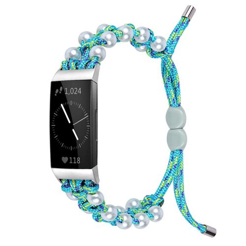 For Fitbit Charge 3/Charge 3 SE/Charge 4 Stylish Watch Band Pearl+Nylon Woven Replacement Wrist Strap - Blue