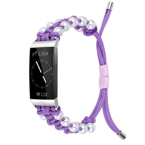 For Fitbit Charge 3/Charge 3 SE/Charge 4 Stylish Watch Band Pearl+Nylon Woven Replacement Wrist Strap - Purple