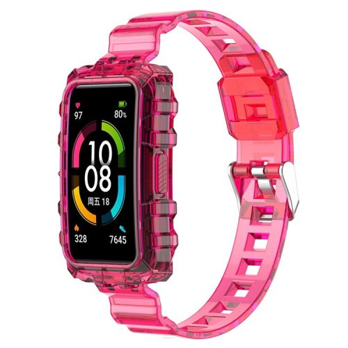 For Huawei Band 7/Band 6/Honor Band 6 Replacement Transparent TPU Watch Strap Wrist Band with Watch Case - Transparent Rose