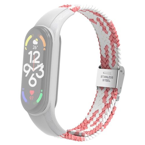 For Xiaomi Mi Band 7 Adjustable Nylon Braided Watch Band Replacement Wrist Strap with Stainless Steel Buckle - Pink/White