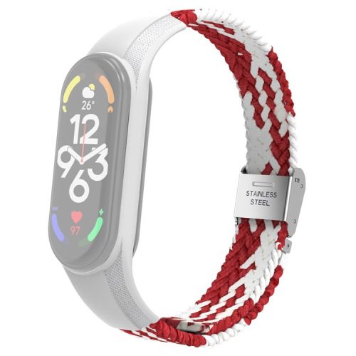 For Xiaomi Mi Band 7 Adjustable Nylon Braided Watch Band Replacement Wrist Strap with Stainless Steel Buckle - Red/White