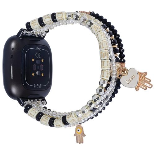 For Fitbit Versa 3/Sense Stylish Hands Pendant Decor Beads Agate Bracelet Watch Band Replacement Smart Watch Strap - Black