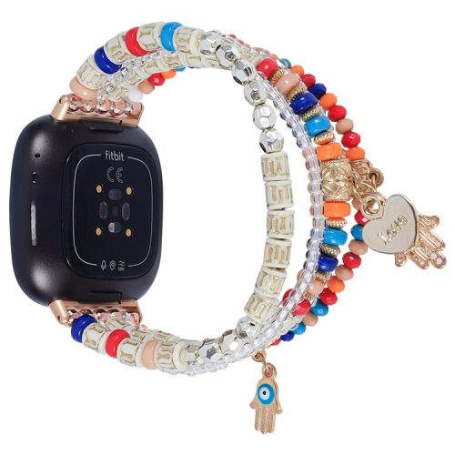 For Fitbit Versa 3/Sense Stylish Hands Pendant Decor Beads Agate Bracelet Watch Band Replacement Smart Watch Strap - Colorful