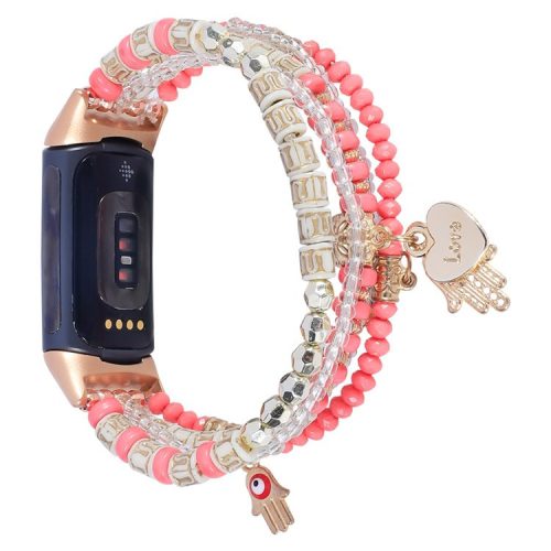 For Fitbit Charge 6 / 5 Hands Pendant Decor Bracelet Watch Band Beads Agate Smart Watch Strap Replacement - Rose