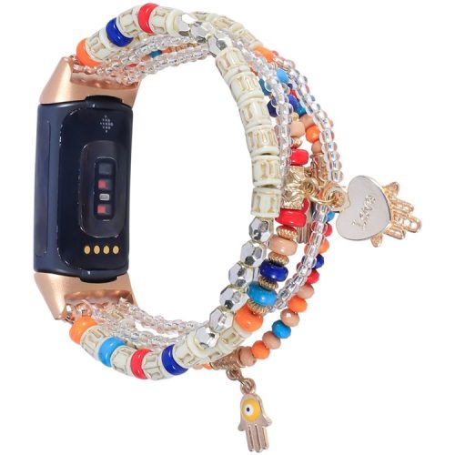 For Fitbit Charge 6 / 5 Hands Pendant Decor Bracelet Watch Band Beads Agate Smart Watch Strap Replacement - Colorful