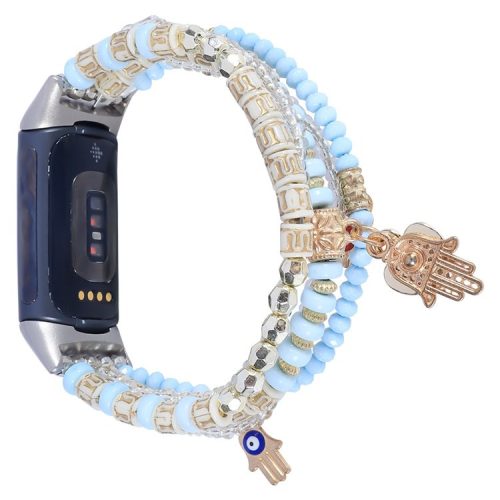 For Fitbit Charge 6 / 5 Hands Pendant Decor Bracelet Watch Band Beads Agate Smart Watch Strap Replacement - Blue