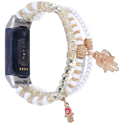 For Fitbit Charge 6 / 5 Hands Pendant Decor Bracelet Watch Band Beads Agate Smart Watch Strap Replacement - White