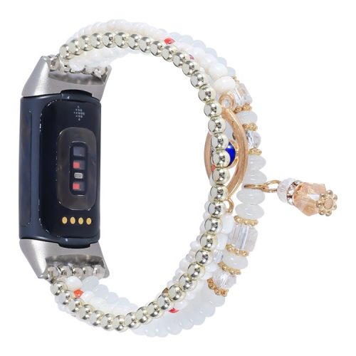 For Fitbit Charge 6 / 5 Stylish Eye Pattern Decor Bracelet Watch Band Beads Rhinestone Smart Watch Strap - White