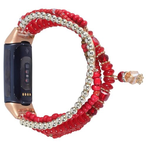 For Fitbit Charge 6 / 5 Stylish Eye Pattern Decor Bracelet Watch Band Beads Rhinestone Smart Watch Strap - Red