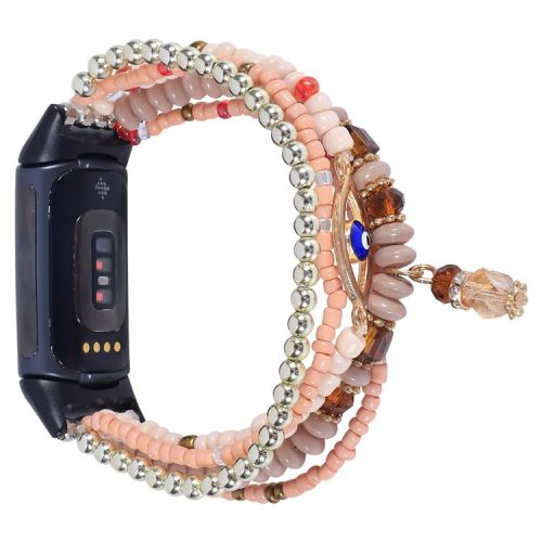 For Fitbit Charge 6 / 5 Stylish Eye Pattern Decor Bracelet Watch Band Beads Rhinestone Smart Watch Strap - Coffee