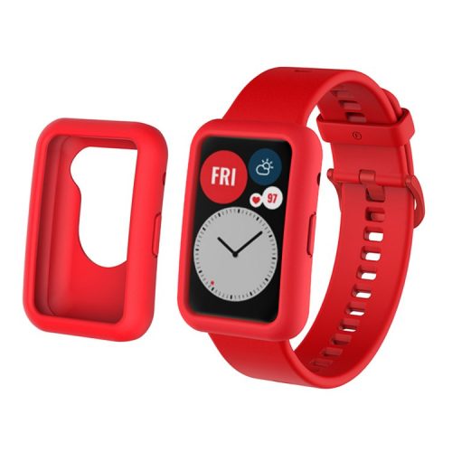 Silicone Watch Band for Huawei Watch Fit, Replacement Adjustable Wrist Strap + Anti-scratch Watch Case - Red