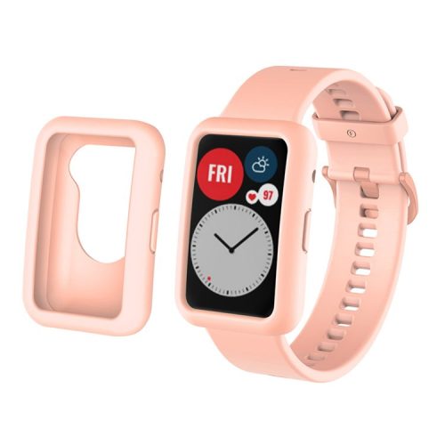 Silicone Watch Band for Huawei Watch Fit, Replacement Adjustable Wrist Strap + Anti-scratch Watch Case - Light Pink