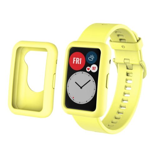 Silicone Watch Band for Huawei Watch Fit, Replacement Adjustable Wrist Strap + Anti-scratch Watch Case - Yellow