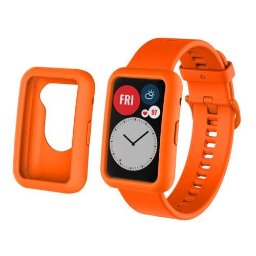 Silicone Watch Band for Huawei Watch Fit, Replacement Adjustable Wrist Strap + Anti-scratch Watch Case - Orange