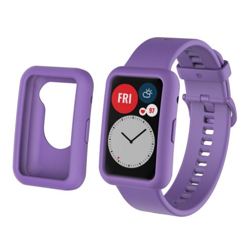 Silicone Watch Band for Huawei Watch Fit, Replacement Adjustable Wrist Strap + Anti-scratch Watch Case - Purple