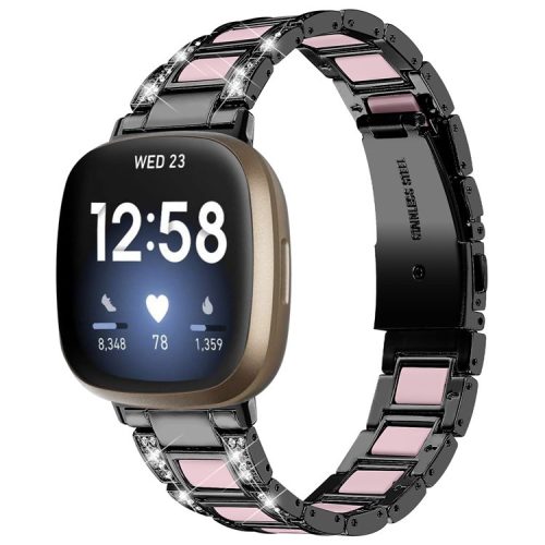 For Fitbit Versa 3 / Sense Stainless Steel Resin Smart Watch Band Replacement Rhinestone Decor Fashionable Wrist Strap - Black / Pink