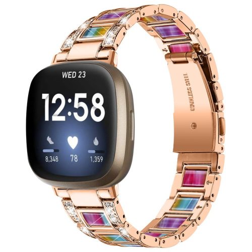 For Fitbit Versa 3 / Sense Stainless Steel Resin Smart Watch Band Replacement Rhinestone Decor Fashionable Wrist Strap - Rose Gold / Colorful