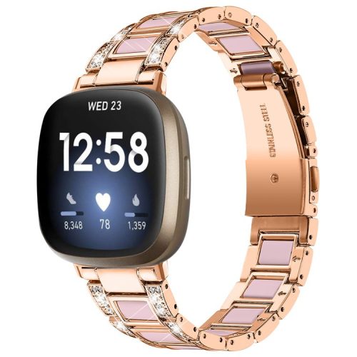 For Fitbit Versa 3 / Sense Stainless Steel Resin Smart Watch Band Replacement Rhinestone Decor Fashionable Wrist Strap - Rose Gold / Pink