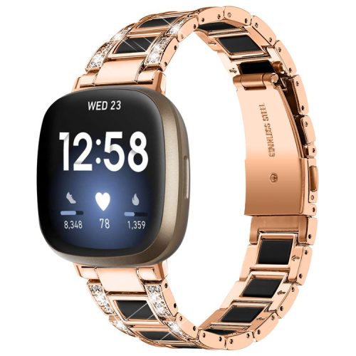 For Fitbit Versa 3 / Sense Stainless Steel Resin Smart Watch Band Replacement Rhinestone Decor Fashionable Wrist Strap - Rose Gold / Black