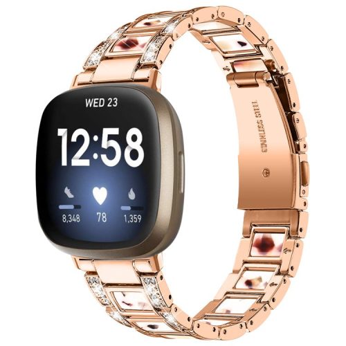 For Fitbit Versa 3 / Sense Stainless Steel Resin Smart Watch Band Replacement Rhinestone Decor Fashionable Wrist Strap - Rose Gold / Nougat Pattern