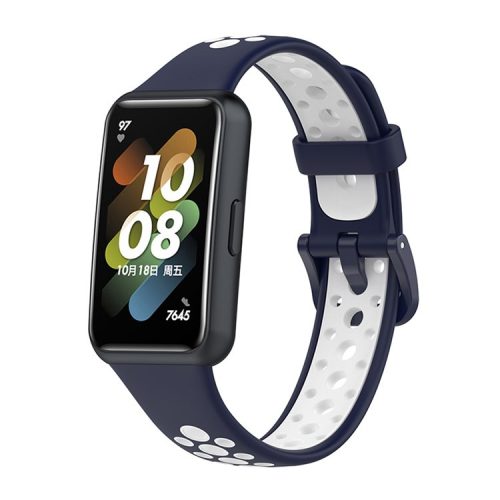 Dual Color Watch Band for Huawei Band 7, Pin Buckle Soft TPU Wrist Strap Replacement - Midnight Blue/White