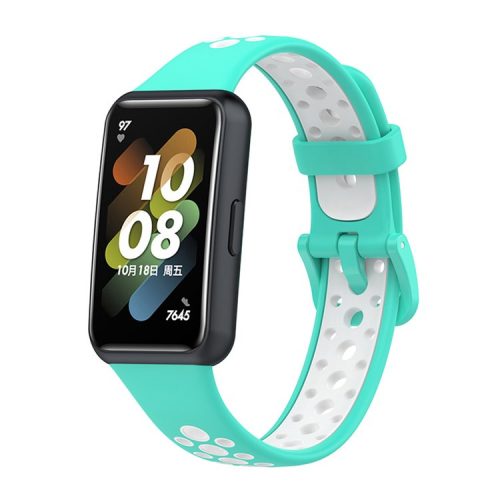 Dual Color Watch Band for Huawei Band 7, Pin Buckle Soft TPU Wrist Strap Replacement - Cyan/White