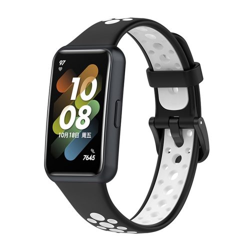 Dual Color Watch Band for Huawei Band 7, Pin Buckle Soft TPU Wrist Strap Replacement - Black/White